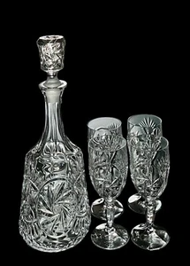 Decanter vintage bohémien cristallo taglio ceco 13"" con bicchieri da vino rotellina nuova - Foto 1 di 19