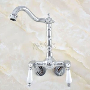 Chrome Dual Handle Wall Mount Kitchen Basin Sink Swivel Faucet Adjustable 3 3/8" - Picture 1 of 10