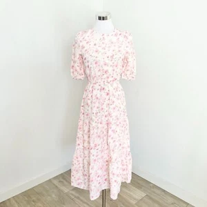 Only Mira 2/4 Back Lace Calf Dress Puff Sleeve White Pink Ditsy Size XS New - Picture 1 of 13