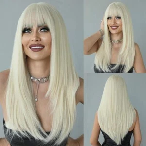 Synthetic Hair Layered Long Straight Platinum blonde Cosplay Wigs With Bangs - Picture 1 of 8