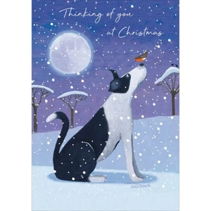 Thinking of You Christmas Card Dog - Winter Snowy Moonlit Wildlife Xmas Card - Picture 1 of 2
