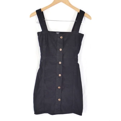 Pinafore Denim Dress Black Y2K Mini Button Front Wide Straps Fitted Size UK 4 - Image 1 of 4