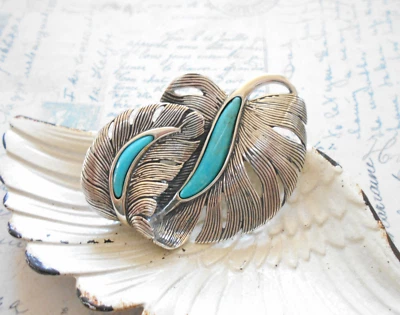 Oxidized Sterling Carolyn Pollack Turquoise Curving Feather Brooch    T56R20 - Image 1 of 4
