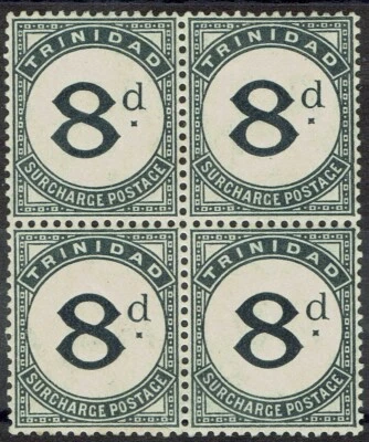 ТРИНИДАД 1905 ПОЧТОВЫЕ РАСХОДЫ ИЗ-ЗА 8D MNH ** БЛОК WMK МУЛЬТИ CROWN CA  - Изображение 1 из 2