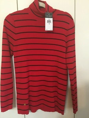 Suéter Para Mujer Lauren Ralph Cuello Alto Acanalado Rojo Negro Rayas Amanda 1X - Nuevo Con Etiquetas Foto 1 de 4