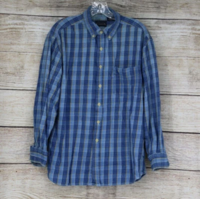 Basic Editions Vintage Mens Button Down Denim Check Shirt Size Medium Blue - Image 1 of 4