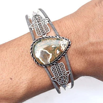 Pulseras brazalete de 7"" ajustables para joyería hechas a mano con piedras preciosas de jaspe de selva tropical Foto 1 de 4