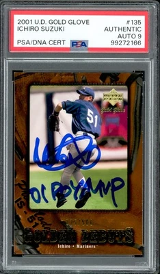 Ichiro Suzuki Auto 2001 Upper Deck Gold Glove RC 135 Sig 9 ROY/MVP #/500 PSA/DNA - Image 1 of 2