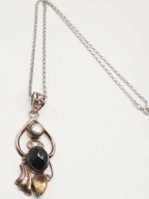 Collana Ciondolo Pendente Vintage Argento 925 Perla Pasta Onice Citrino 40.5 Cm - Immagine 1 di 4