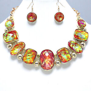 Iridescent Opalescent Colored Charms Necklace Earrings Set Fashion Jewelry