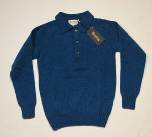 Harley of Scotland blauer Polo Pullover XXL Shetland Eton Kragen Wolle Knopf - Bild 1 von 10