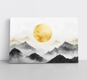 Minimalistische Berglandschaft Wandbild Gerahmte Leinwand, Gold Schwarz Beige Abstrakt - Bild 1 von 12