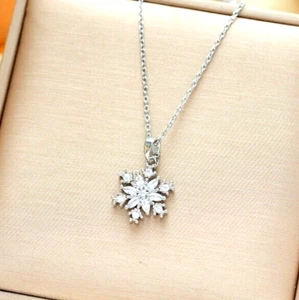 Silver Titanium Flower Snowflake Pave CZ Pendant Chain Necklace - Picture 1 of 1