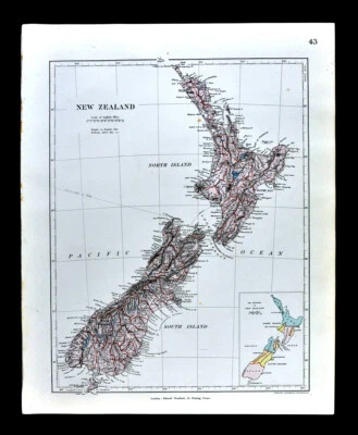 1885 Stanford Map New Zealand Aukland Wellington Christchurch Oceania Antique - Image 1 of 4