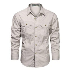 Mens Work Shirts Military Long Sleeves Air Force Army Cotton Casual Shirts Tops - Picture 1 of 18