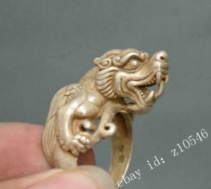 4CM Old Chinese Miao Silver Dragon Beast Head Pixiu Jewellery Luck Hand Ring - Picture 1 of 7