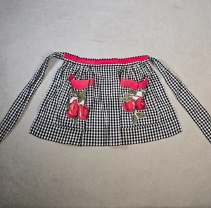 Vintage Half Apron Womens Black Gingham Waist Tie Housewife Kitchen Apple Pocket - Picture 1 of 10