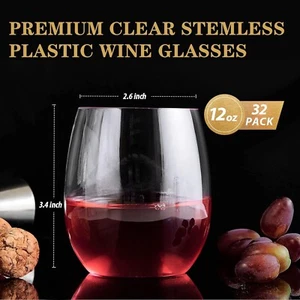 32 Pack Plastic Wine Glasses Stemless, 12 Oz Crystal Clear Disposable Wine Cups, - Picture 1 of 7