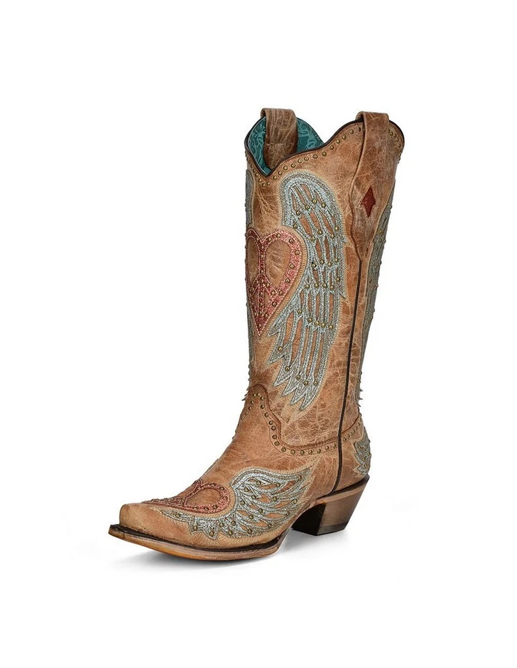 Corral Western Boots Womens Leather Heart & Wings 7 W Sand A4235