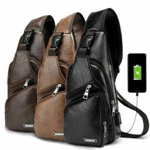 Mens Sling Backpack PU Leather Cross Body Chest Bag Fanny Packs USB Charging NEW - Picture 1 of 15