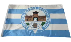 NEVER SHALL WE FORGET AUSCHWITZ-BIRKENAU COMMEMORATIVE FLAG - Picture 1 of 1