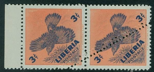 Liberia 1953, 3c bird, pair with crazy FREAK perforations, NH, #342 - Picture 1 of 2