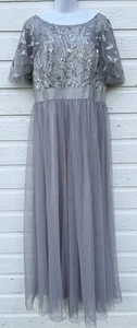 Gray Silver Leaf Embroidered Sequins Long Gown Size 16W Princess Bridesmaid NEW - Picture 1 of 7