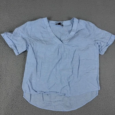 Blusa Camisa Manga Corta Saks Fifth Avenue Top Mujer Azul Mediana Lino Cuello en V Foto 1 de 4