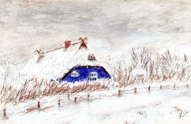 Hiddensee - Vitte, Blaue Scheune, Original Ölpastell (10x15cm) - Bild 1 von 1