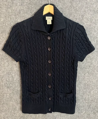 Women's LL Bean Sweater Navy Cable Knit Short Sleeve Botton Button Up Sz M Reg - Image 1 of 4