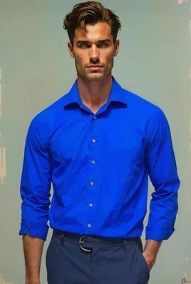 new J. Ferrar Shirt Button Up Mens L Slim 42x30 31.5"Slv LS Solid Blue Cotn/Poly - Image 1 of 4