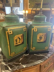 Antique 19th C English Tole Green Tea Canister Lamps Monogram D & F - Picture 1 of 11