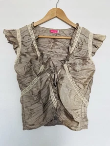Crop top stropicciato oro tenue taglia S cravatta davanti con volant maniche increspate fata boho - Foto 1 di 8