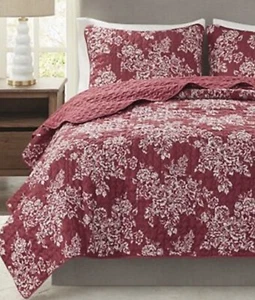 Madison Park Full/ Queen Sz 3 pcs Quilt Blanket Bedding Set  - Red Floral  - Picture 1 of 2