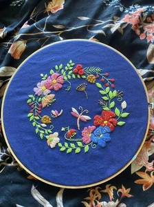 Flower And Dragonfly Embroidery Handmade Unique - Picture 1 of 1
