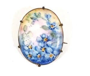 Antique Victorian Painted Porcelain Blue Forget Me Not Flower Pin Brooch C-clasp - Picture 1 of 4
