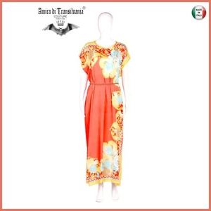 abito donna vestito caftano lungo chiffon fantasia barocca sicilia rosa salmone - Picture 1 of 24