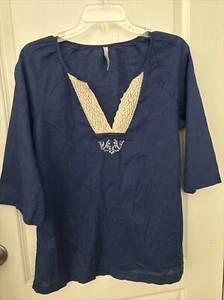 Old Navy Womens Size M  Linen Blend Tunic Top Blue Embroidered Crochet Pullover - Picture 1 of 8
