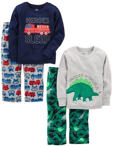 Boys' 4-Piece Pajama Set Cotton Top & Fleece Bottom Grey/Green Dinosaur/Firet... - Picture 1 of 2