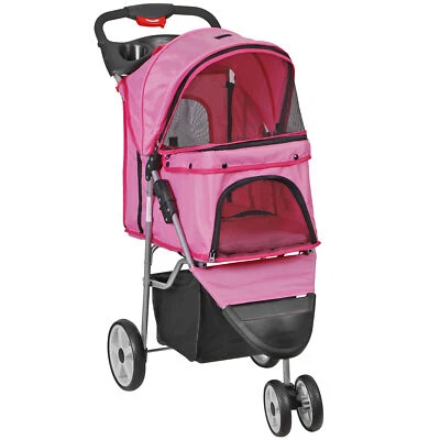 3 Wheels Pet Stroller Foldable Dog Stroller Cart Cat Carrier w/Cup Holder Pink - Image 1 of 4