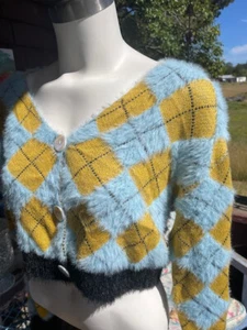 SO Juniors Sweater Cropped Brown Argyle Long Sleeve Button Up Fuzzy Sz L - Picture 1 of 10