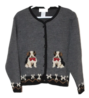 Vintage Tally-Ho Dog Intarsia Knit Gray Cardigan Sweater w Bone Buttons Size PM - Image 1 of 4