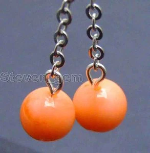 9-10mm Round Natural Pink Coral Earrings for Women Silver Hook Dangle Earring - Picture 1 of 8