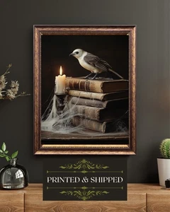 Bird Wall Art Print Gothic Still Life Candle Books Haunted Library Decor - Picture 1 of 5