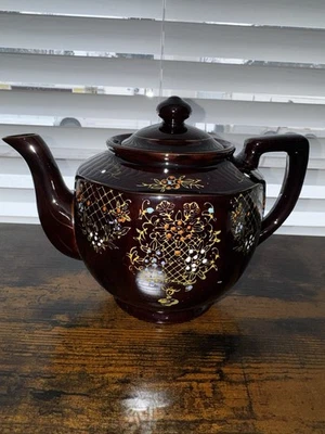 Antigo Bule Marrom Betty Redware Esmalte Moriage Pintado à Mão Feito no Japão 6” - Imagem 1 de 4