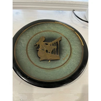 Vintage Wall Art Plaque Harpist Woman Brass Metal Disc Mid Century Modern Decor - Image 1 of 3