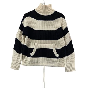 J Crew Sweater XS Oversized Chunky Knit Merino Wool Navy Blue Cream Wide Stripe - Picture 1 of 8