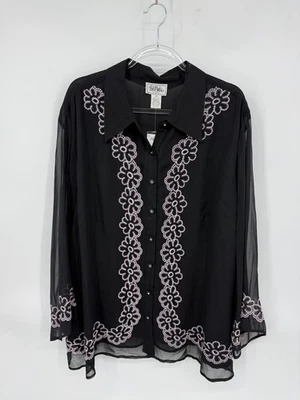 Blusa retro abotonada Bob Mackie 100 % seda Studio talla 3X bordada transparente nueva con etiquetas Foto 1 de 4