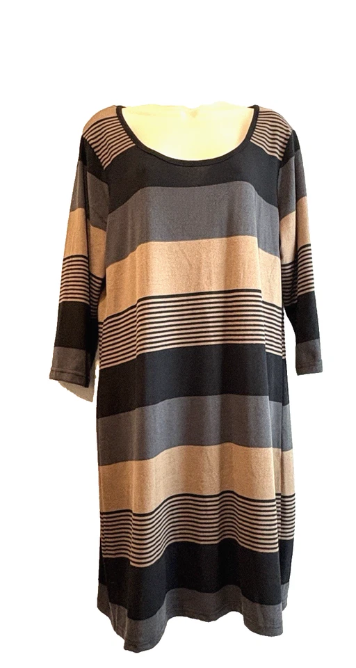 Vestido recto Derek Heart Plus para mujer 1X gris a rayas tejido suave mangas 3/4 NUEVO Foto 1 de 4