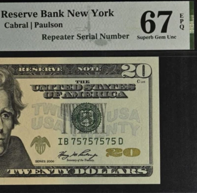 Top Pop 2006 $20 FRN PMG 67EPQ Finest birthday fancy super repeater 75757575 - Image 1 of 4